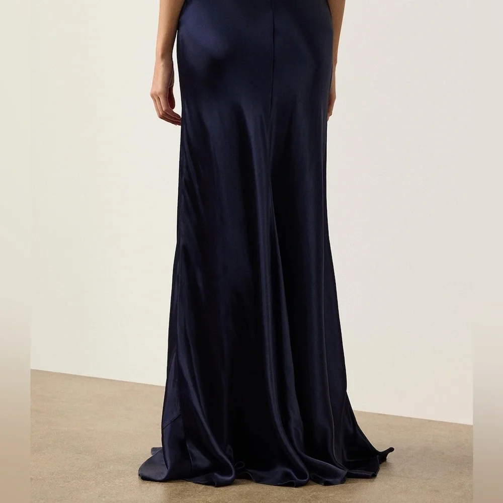 RALPH LAUREN COLLECTION MASSINA STRETCH SATIN SKIRT IN NAVY BLUE